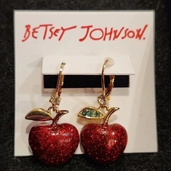 BETSEY JOHNSON 'Back to School' Glittery Red Apple Dangle Mismatch Earrings NWT - Picture 2 of 6